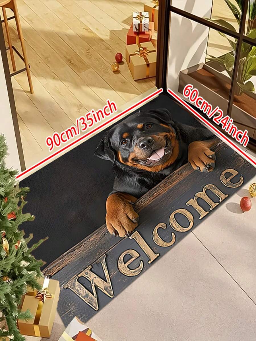 1/2 Stücke Schwarzer und Brauner Hund Rowena mit "Willkommen" Holzlogo Muster, warmer Bodenmatte Stil, geeignet als tägliche Türmatte, Wohnzimmerteppich, Küchen Bodenmatten Set, Heimdekoration