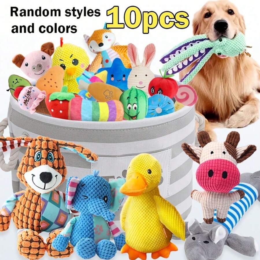 Sets de 5/10 juguetes chillones aleatorios para perros - Juguetes de peluche interactivos para masticar, sin batería requerida, patrones lindos surtidos, adecuado para alivio de la dentición y el aburrimiento, apto para todas las razas y tamaños