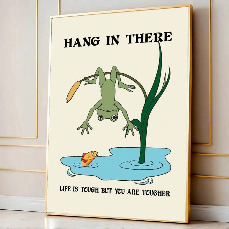 1pc Frameless Hang In There Motivation Frog Mental Health Wall Art Poster Canvas Print Positive Quote Therapy Counsellor Office Decor Painting For Dorm,Bedroom,School,Modern Home Decoration
