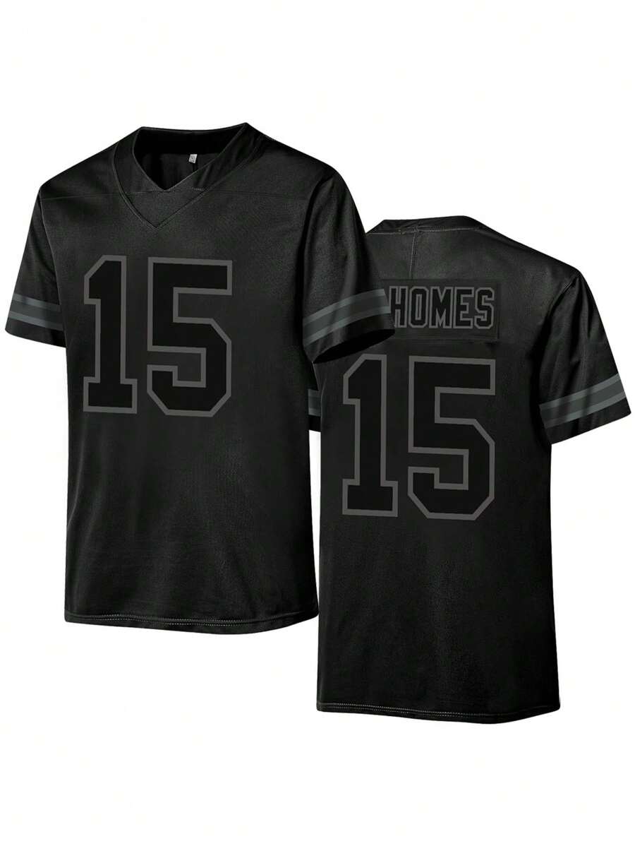 Men's Embroidery American Football Jersey 15 Black Casual Short Sleeve V-Neck T-Shirts Party Sports Top
