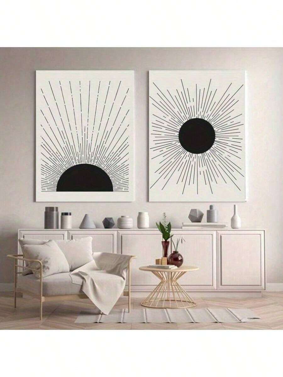 Set Of 2 Minimalist Sun Art Prints - Black & White Abstract Sunburst Designs - Frameless Modern Wall Decor For Living Room, Office - 2D Flat