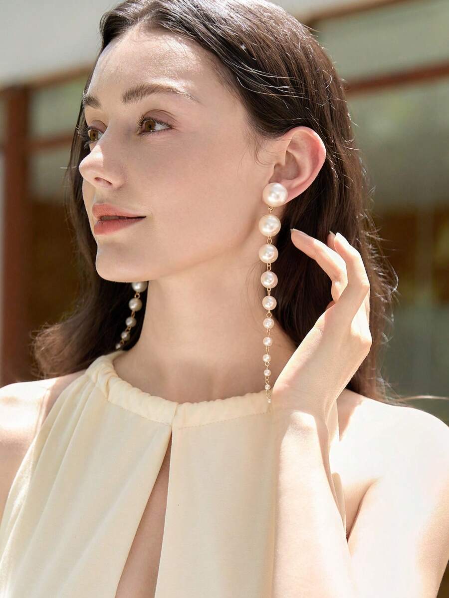 1 Pair Elegant Long Tassel & Faux Pearl Dangle Earrings, Fashion Jewelry Accessory For Party