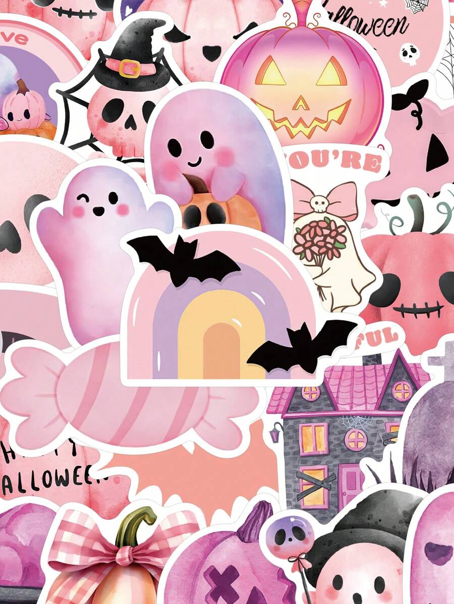 50pcs Pink Halloween Stickers Birthday Gift Birthday Decoration Graduation Season Gift For Handbook Journal Book Mug Fridge Skateboard Guitar IPad Decoration Material Stickers Wall Stickers Room Decor Wall Decor Wall Sticker Personalised Stickers Halloween Decor Home Decor Fall Decor