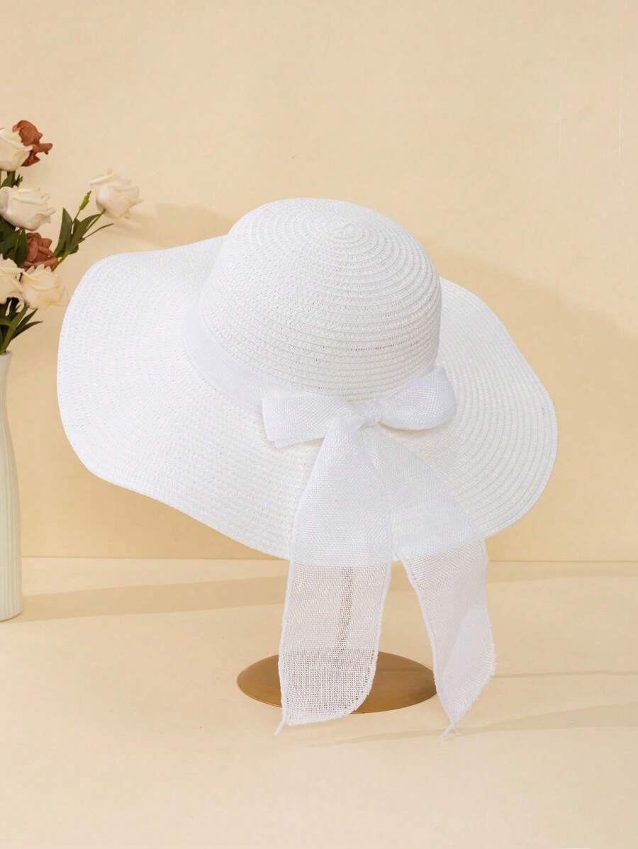 1 pièce Chapeau de soleil de plage élégant à nœud papillon blanc et ondulé pour femme, protection contre le soleil pour les vacances