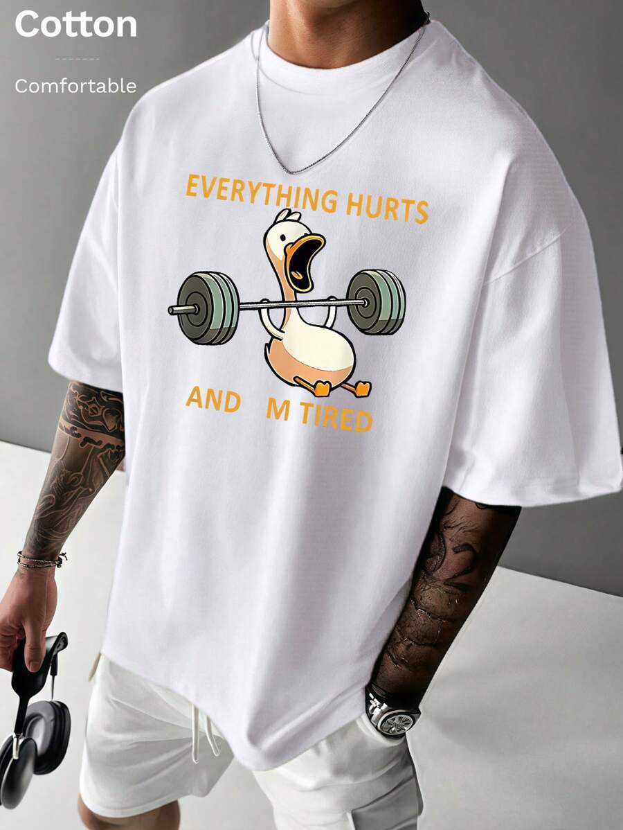 Maglietta estiva casual da uomo a girocollo bianca, con stampa divertente a tema anatra fitness, traspirante e comoda, abbigliamento casual di strada