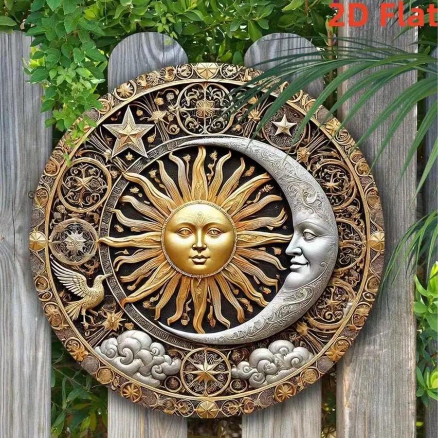 1 Peça, Placa Redonda de Ferro com Tema Sol e Lua, 20cm X 20cm, Decoração Interna e Externa, Decoração de Guirlanda, Adequado para Casa, Bar, Garagem, Cafeteria e Arte de Porta e Parede, Presente de Feriado, Suprimentos Decorativos de Estilo Rústico