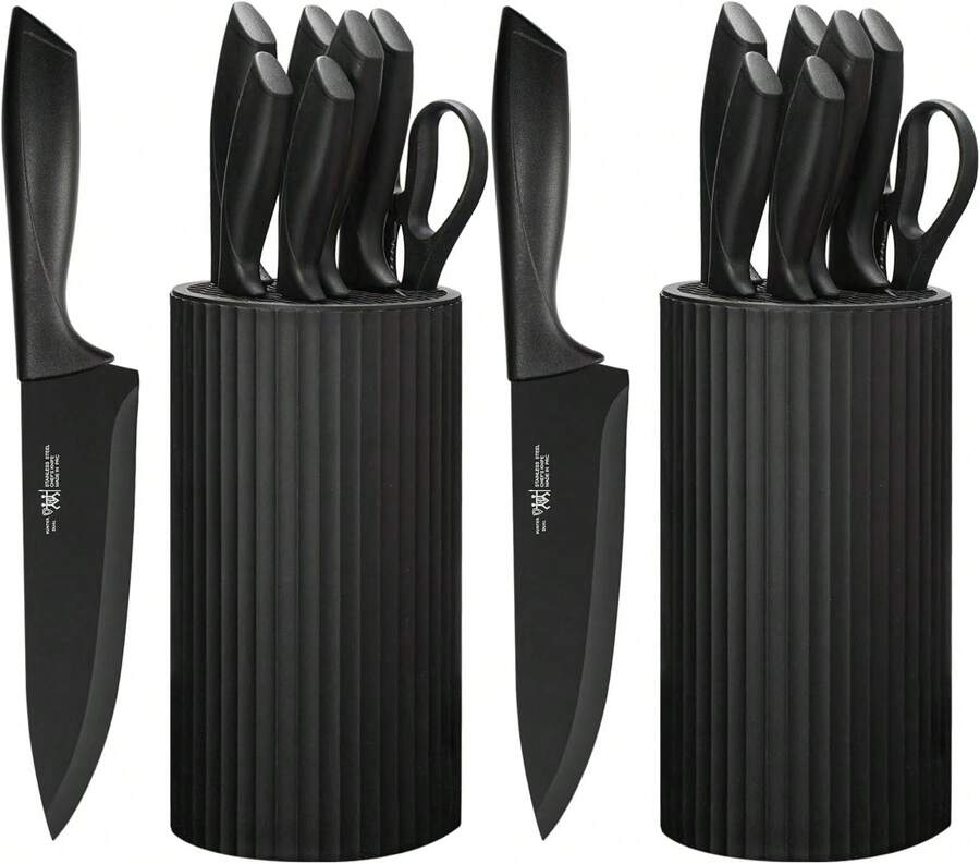 HUNTER.DUAL Knife Set, 8-Piece Kitchen Knife Set For Chef, Sharp Knife Set With Universal Knife Block, Anti-Rust Kitchen Knife Block Set, Ergonomical Design (Black)