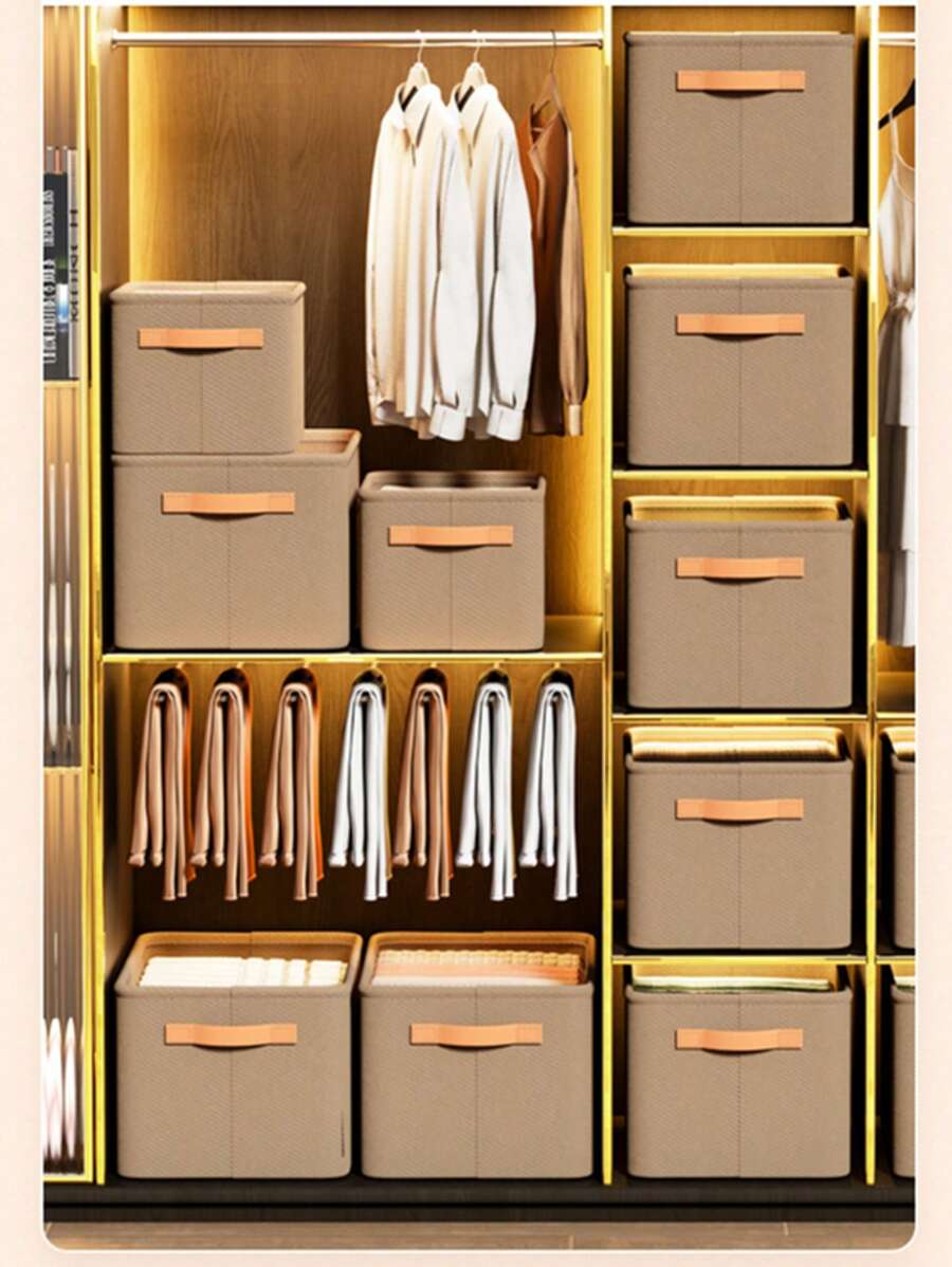 2025 Best Selling New 1PC Khaki Foldable Non-Woven Fabric Storage Basket With Cloth Handle, Suitable For Living Room Toy Storage, Bedroom Wardrobe Clothes Storage