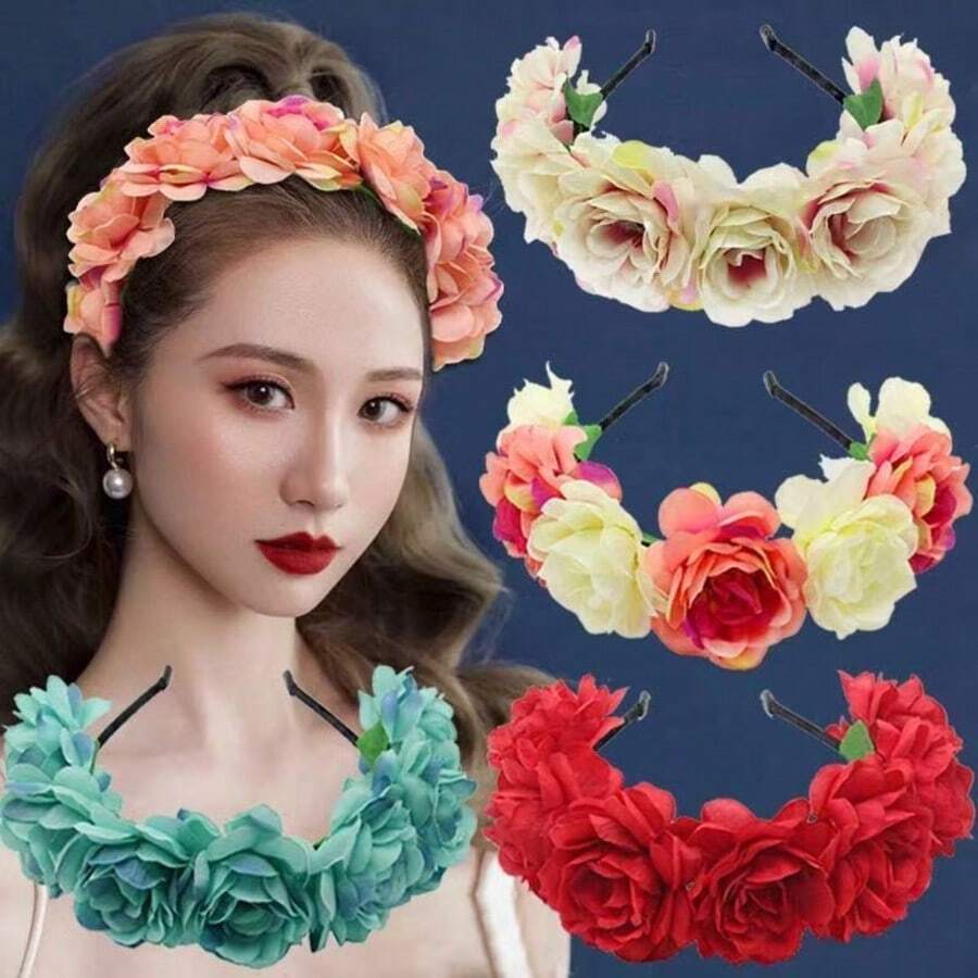 1 Stück Blumen-Stirnband für Erwachsene zum Fotografieren, Braut-Rosenblüten-Haarreif im Boho-Stil, Haarband Diadema für Frühling/Sommer