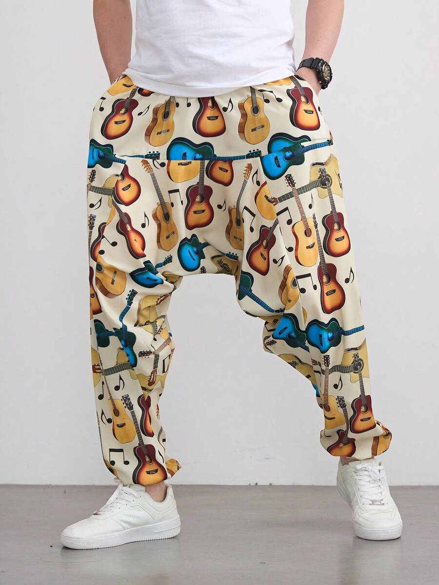 Pantalones harem sueltos de moda con gráfico de guitarra para hombres, uso casual diario, estilo hip hop y rock