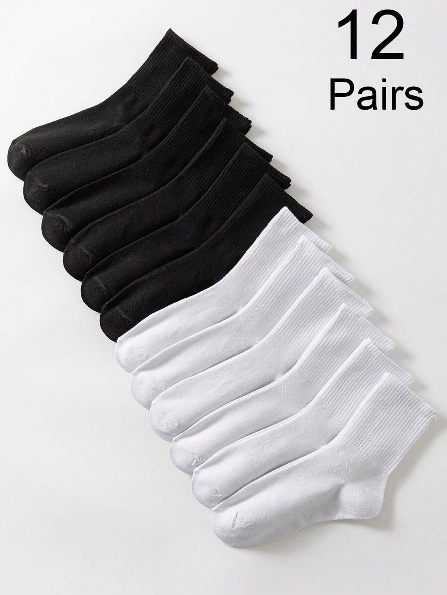 12 Paar Unisex schwarz-weiß gestreifte atmungsaktive feuchtigkeitsableitende Universalsocken für den täglichen Gebrauch
