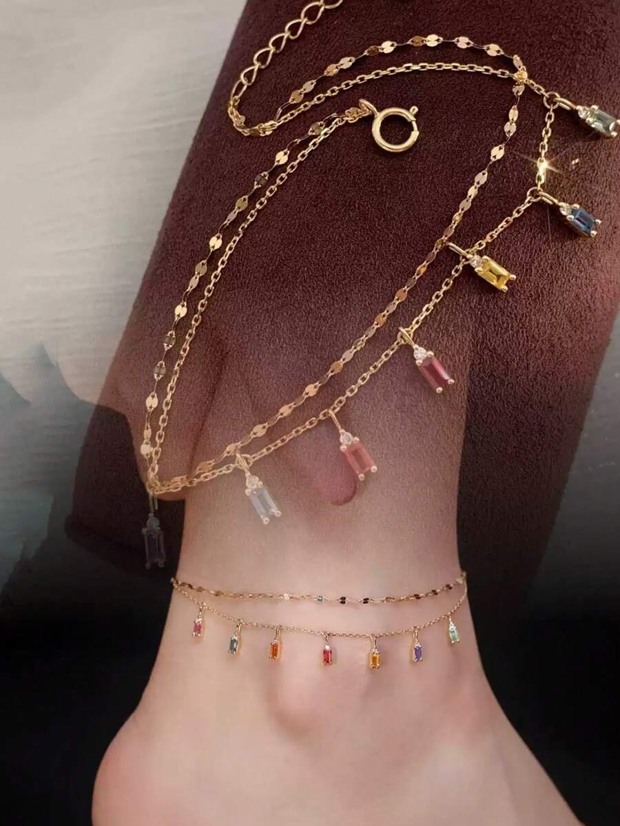 1 Stück S925 Sterling Silber Vintage Stil kubischer Zirkonia quadratischer Anhänger Halskette, elegantes Doppellagen Armband oder Fußkette, geeignet für den täglichen Gebrauch von Frauen, Urlaubsgeschenk & Partygeschenk