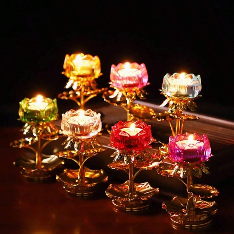 1pc, Elegant Crystal Lotus Candle Holder, Tabletop Religious Candlestick Decor, Alloy Butter Lotus Candlestick Ideal For Christmas, Easter, Thanksgiving, And More, Elegant Candle Holder, Candle Decor