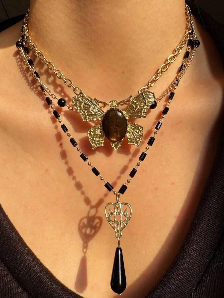 1pc Stylish, Exquisite, Elegant, Luxurious, Versatile, Unique, Shiny Butterfly & Heart Layered Pendant Necklace, For Women, Daily, Party, Commute, Holiday, Festival