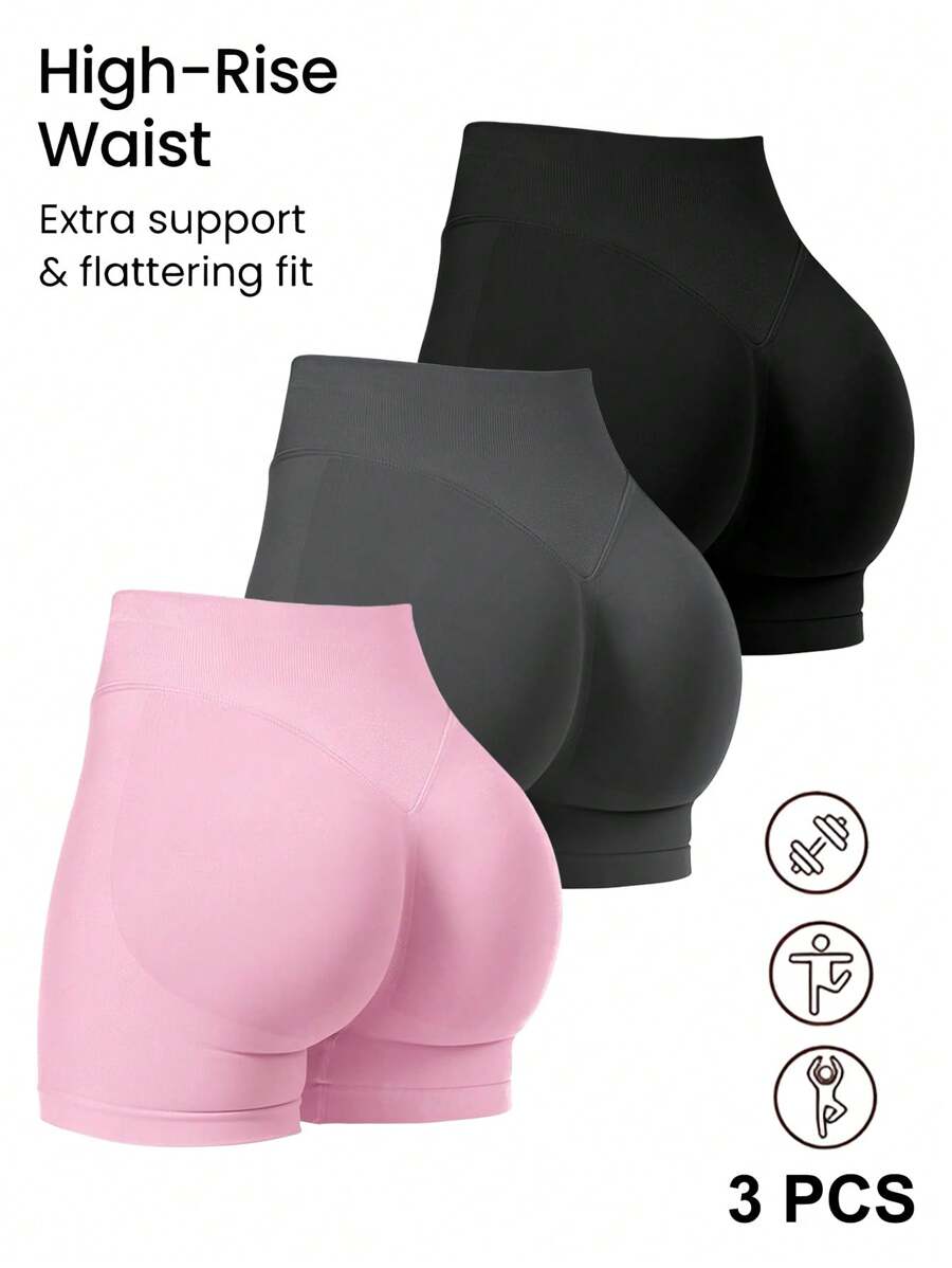 Conjunto de 3 Peças Shorts Esportivos Femininos, Cor Sólida, Shorts Elásticos de Cintura Alta com Controle da Barriga, Shorts de Treino, Shorts de Ciclista