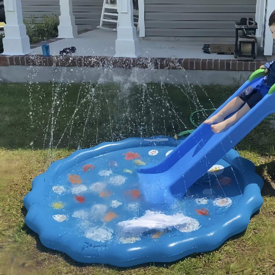 Blue Inflatable Splash Mat With Ocean Theme - PVC Outdoor Water Spray Mat For Lawn Play, Durable And Easy To Inflate, Perfect For Summer Fun, Splash Play Mat|Fun Inflatable Mat|Durable PVC Mat, Water Sprinkler For Outdoor