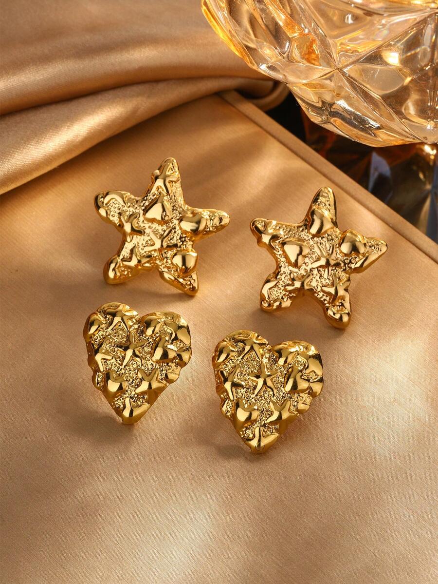 1 paire de boucles d'oreilles cloutées en acier inoxydable texturé en forme de cœur et d'étoile, convenant pour le port quotidien des femmes