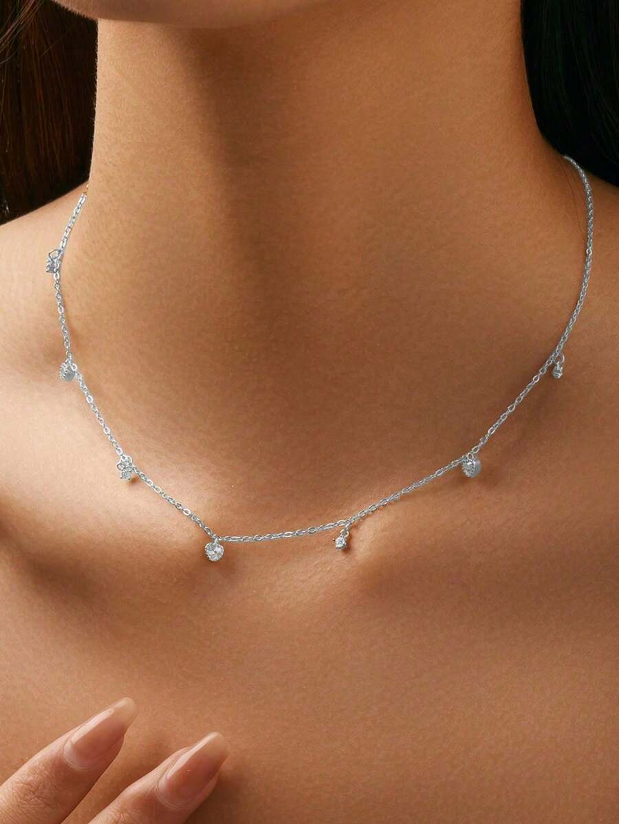 Colar feminino com pingente de gota d'água em prata 925, colar minimalista com pingente de zircônia, corrente de clavícula simples e elegante, joia luxuosa para o dia a dia