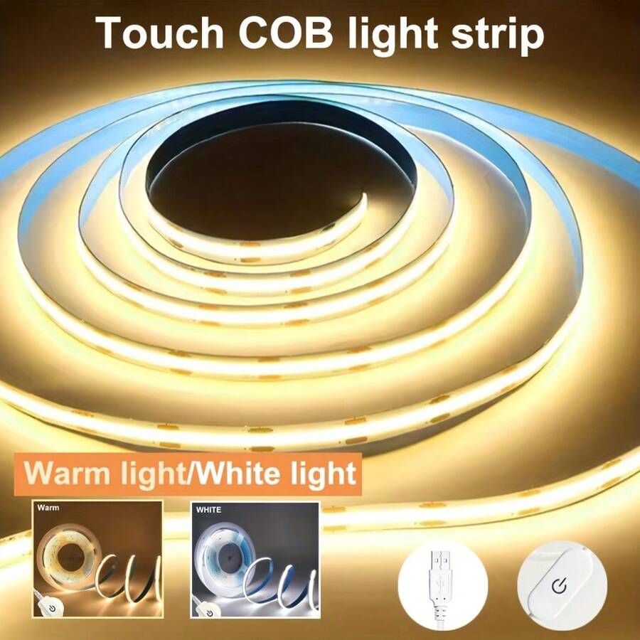 1M/2M/3M/4M/5M Tira de Luz Regulável Touch COB USB, Iluminação Complementar de 5V 8MM Branca e de Tom Quente, Adequada para Iluminação Ambiente, Iluminação Traseira de TV