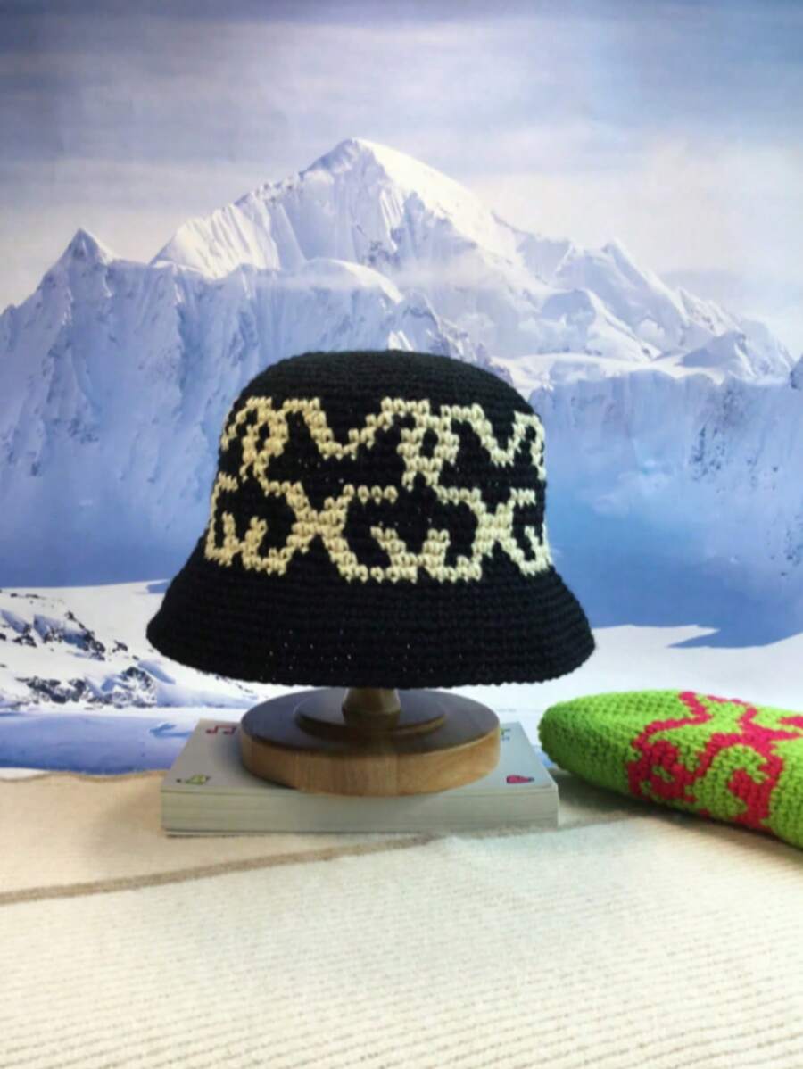 1pc Unisex Black Hand-Knitted Jacquard Warm Beanie Hat, Personalized Bucket Hat, Fresh Korean Style, Couple Versatile Bucket Hat For Autumn/Winter