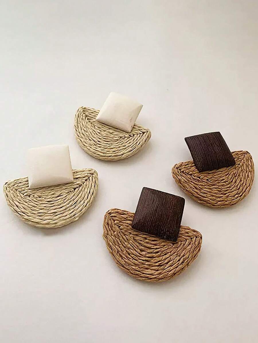2pcs/Set Women's Fashion Boho Style Semi-Circle Wooden Rattan Handmade Hoop Drop Earrings, Suitable For Summer Beach, Seaside & Holiday Casual Wear