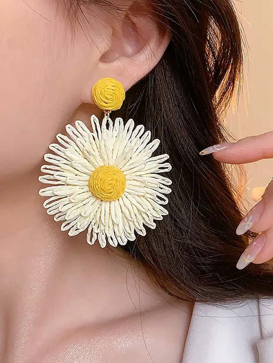 2pcs/Set Handmade Woven Raffia Daisy Flower Drop Earrings For Women, Fashionable & Sweet, Suitable For Summer Beach Style