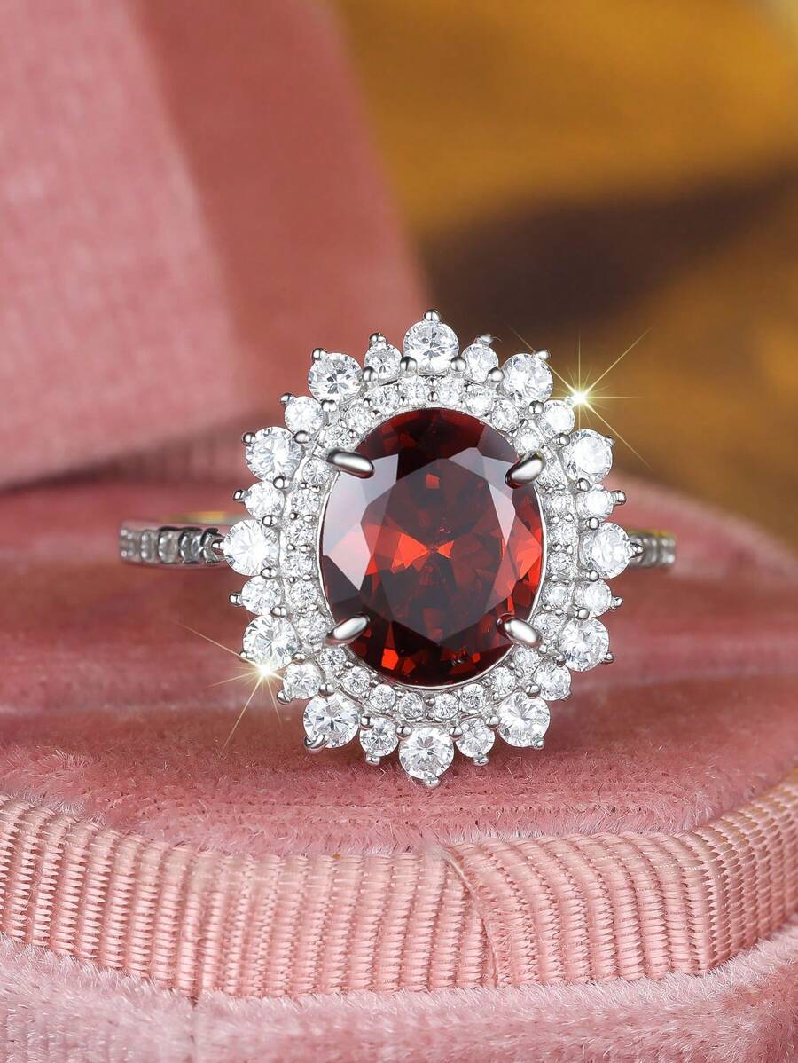 1pc Elegant S925 Silver Red Cubic Zirconia Ring, Luxurious & Personalized Design, Suitable For Wedding, Engagement, Party Wear