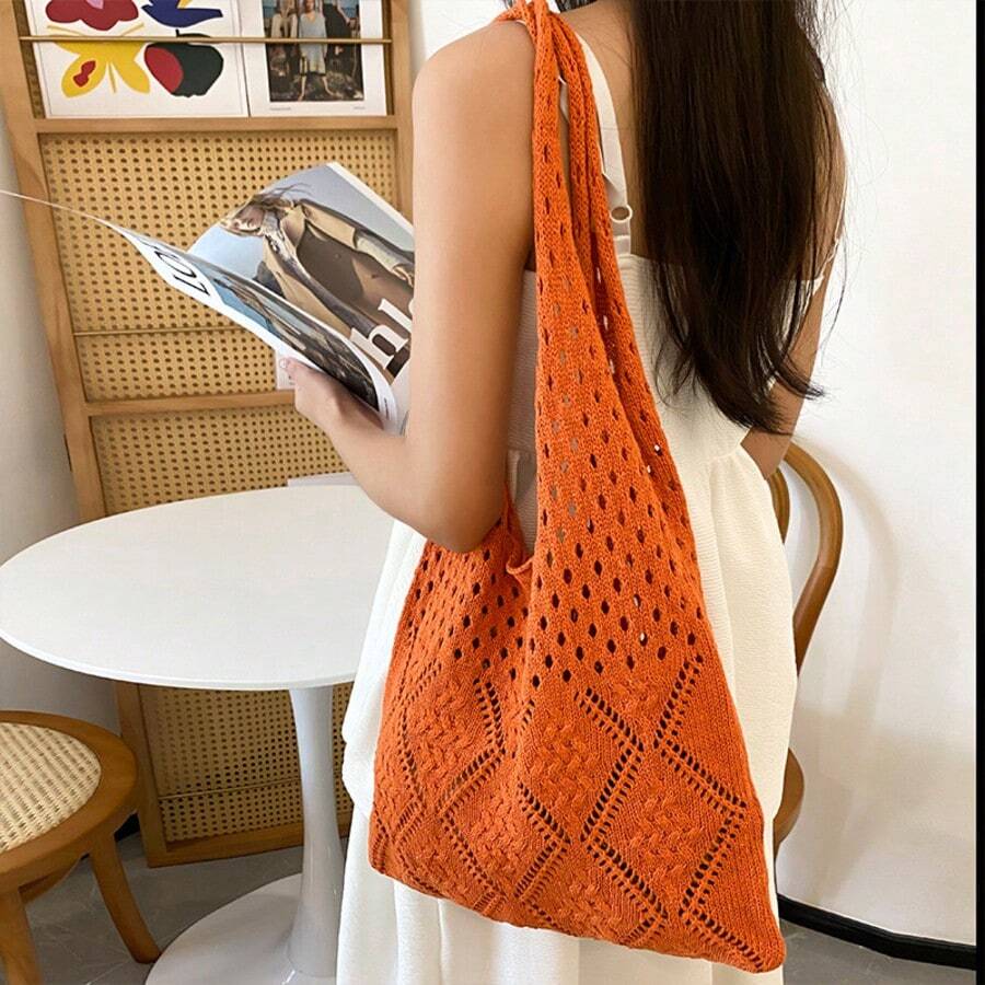 Women's Knitted Large Capacity Tote Bag, Solid Color Hollow Diamond Pattern Shoulder Bag, Fashion Foldable Easy-To-Store Shopping Bag, Blue/Orange Handbag, 100% Polyester, Beach Style, Suitable As Gift For Women