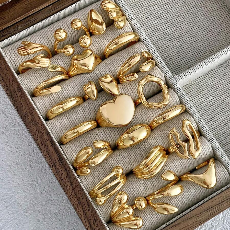 10pcs Metal Geometric Heart Shaped Rings Gift Set, Suitable For Women Everyday Wear Or Party, No Box (Mixed Styles)