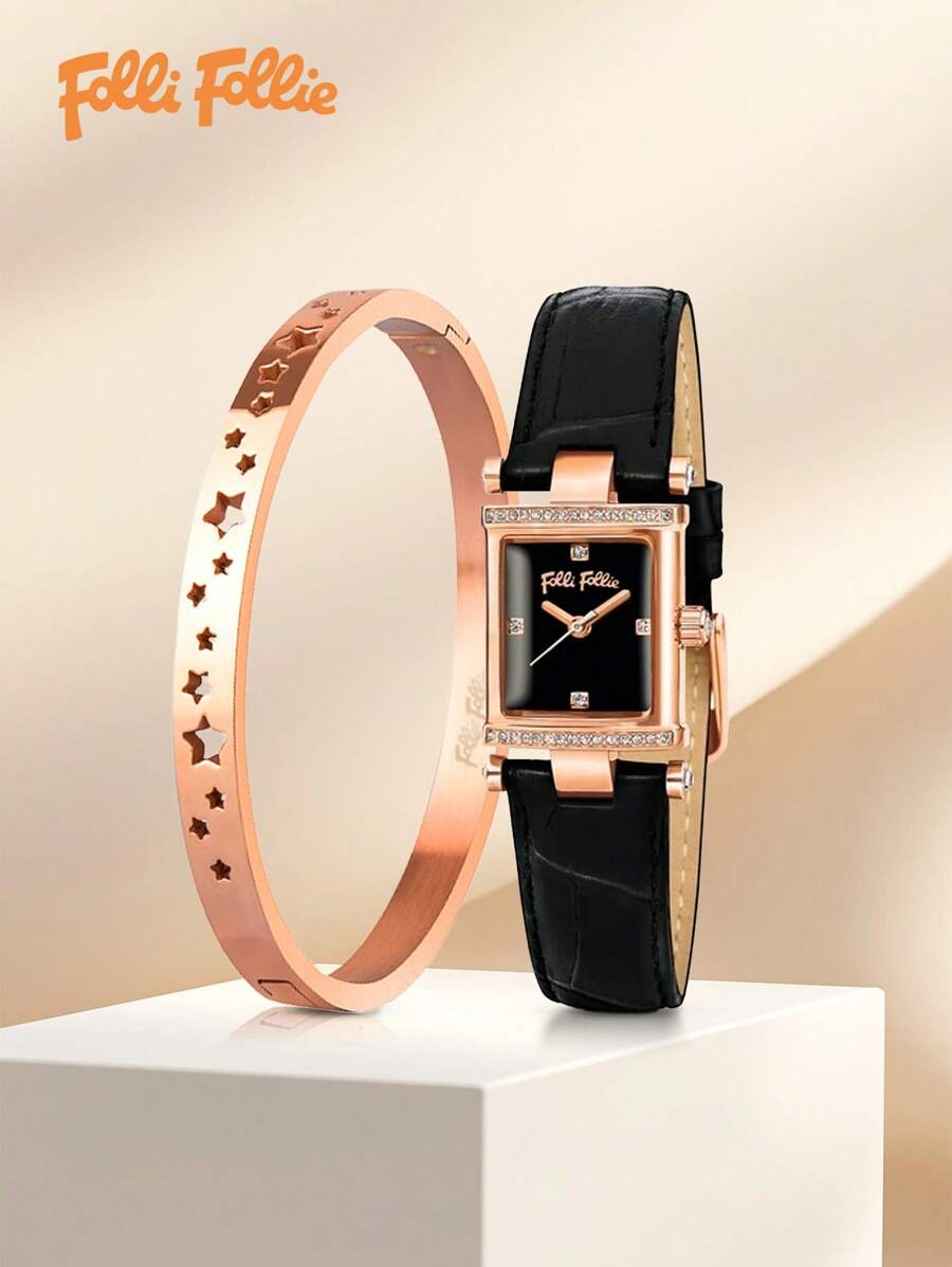 Folli Follie 2pcs Classic Watch For Women With Bangle Bracelet Business Casual Wrist Watches For Woman,Vintage Small Face Square Watch With Bracelet Ladies Quartz Watch With Leather Strap