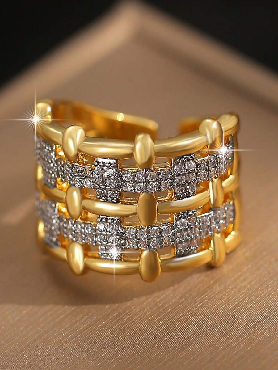 1 Peça Anel Feminino Geométrico Glamuroso de Duas Cores Entrançado, Presente Divertido e Dourado Abrível para Uso Diário, Feriado, Viagem