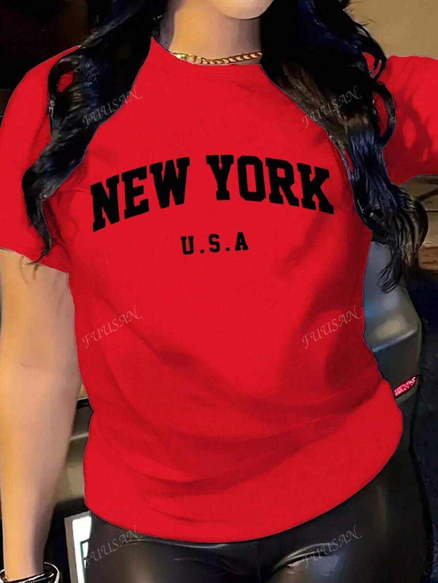 T-shirt con scollo a ciurillo con stampa di lettere, modello casual e ampio, a maniche corte, per l'estate, adatta per donna