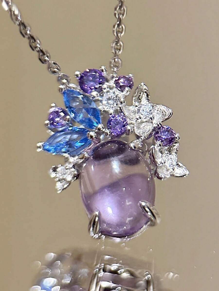 Set de 2 piezas (se pueden seleccionar individualmente) - Collar y anillo vintage de lujo con racimos de glicinia morada de Monet y cristales engarzados, elegante para uso diario, fiestas, bodas y como regalo para mujeres