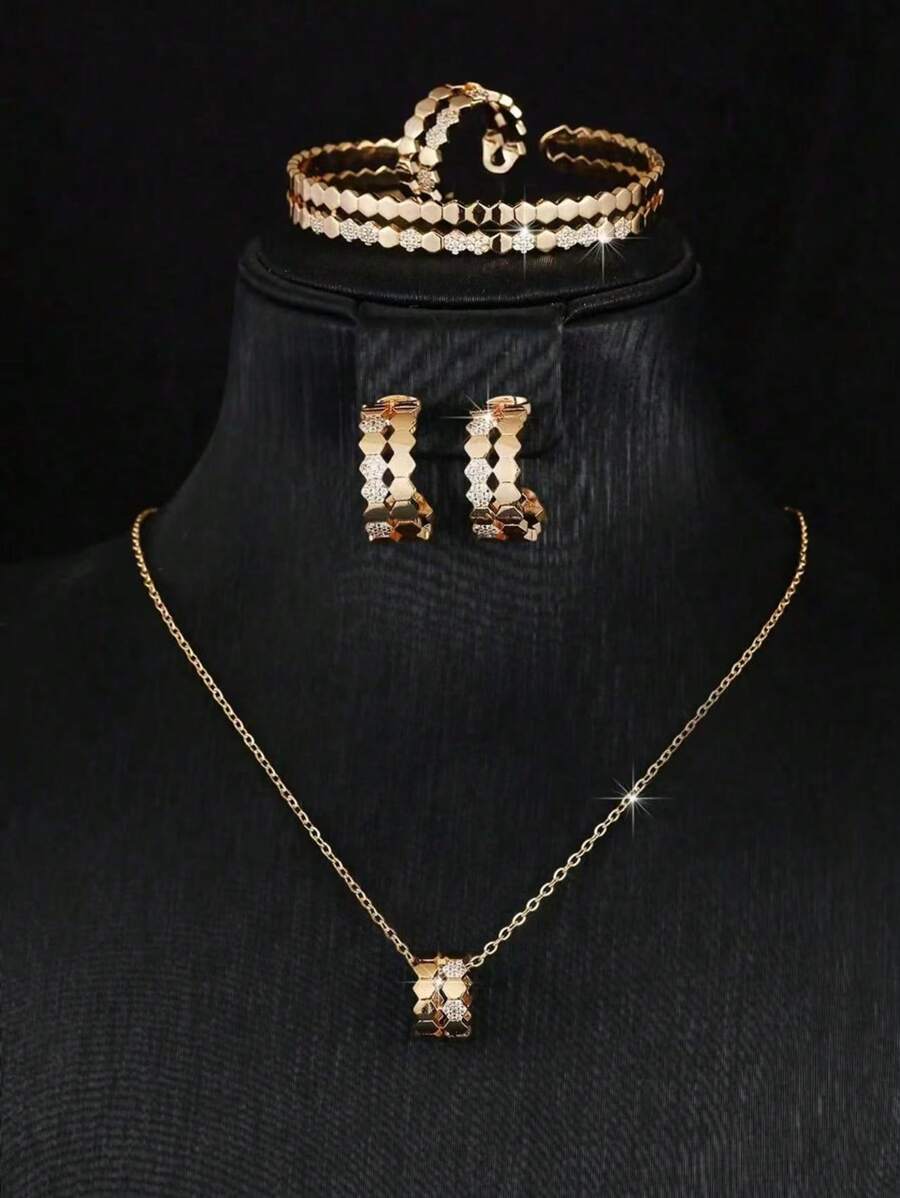 4 pièces/set Bijoux pour femme à la mode avec motif nid d'abeille, comprenant une bague, un bracelet, des boucles d'oreilles et un collier. Convient pour un port quotidien et pour des cadeaux de fête