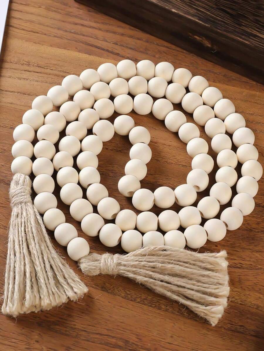 1pc Wood Bead Garland With Tassels, Home Decor, Natural Wooden Bead Garland, Perfect For Primitives, Room Decor, Country,Vintage Art, Home And Outdoor Decorations,Farmhouse Style Decor, It's A Nice Add To Decorate A Coffee Table