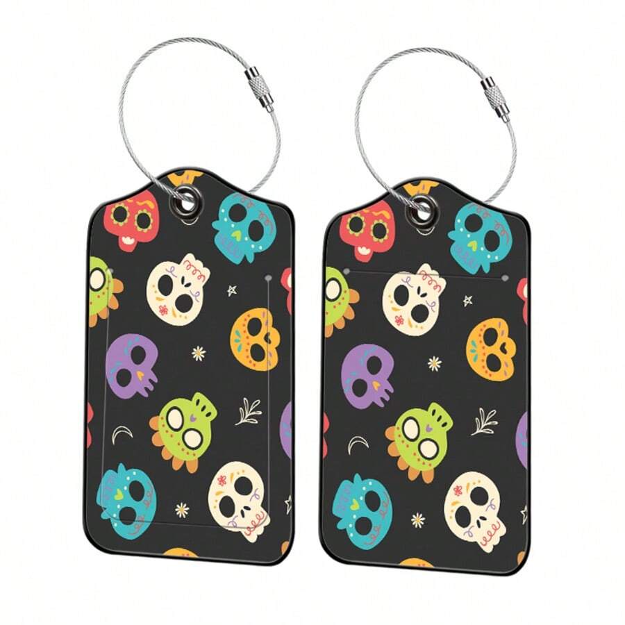 2 peças/conjunto de etiquetas de bagagem em formato de caveira fofa, etiquetas de bagagem em material PU, pode preencher informações pessoais, etiqueta de bagagem em cores vibrantes, adequada para bagagem pessoal, mochilas, malas ou pacotes grandes, decorações personalizadas
