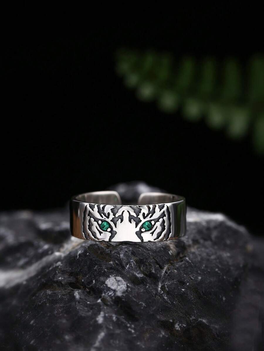 1pc 925 Sterling Silver Vintage Style Green Eye Tiger Head Zirconia Decor Open Ring, Suitable For Everyday Wear For Men