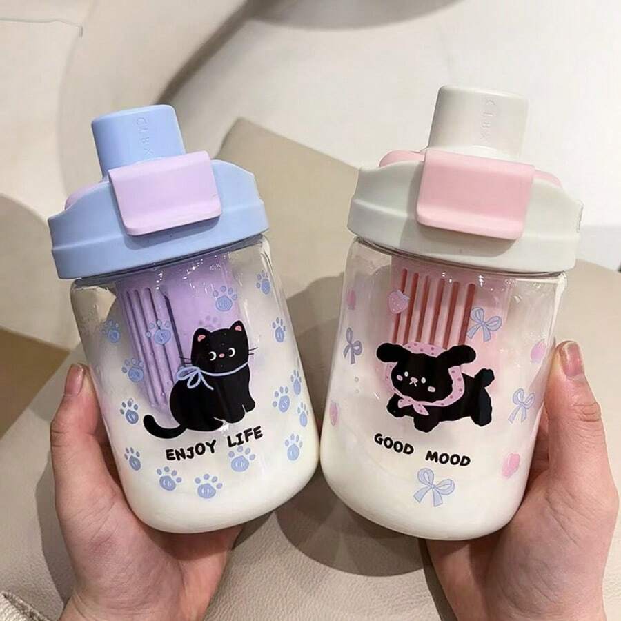 1pc 600ml Cute Cat Design Plastic Cup With Dual Straws, Leak-Proof, Large Capacity, Portable For Outdoor, Student, High-Quality Appearance, With Tea Strainer