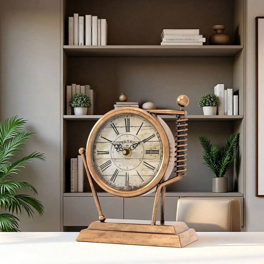 Vintage Style Iron Tabletop Wall Clock, Retro Decorative Room Shelf Desktop Clock For Home Living Room Bedroom, Gift Room Decor Digital Clock Alarm Clock