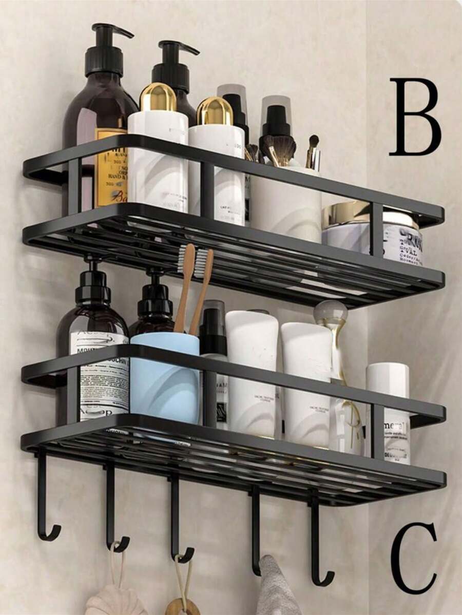 1pc Iron Storage Rack With Hook, Multifunctional Black No Perforation Wall Mounted Corner Storage Rack For Bathroom
