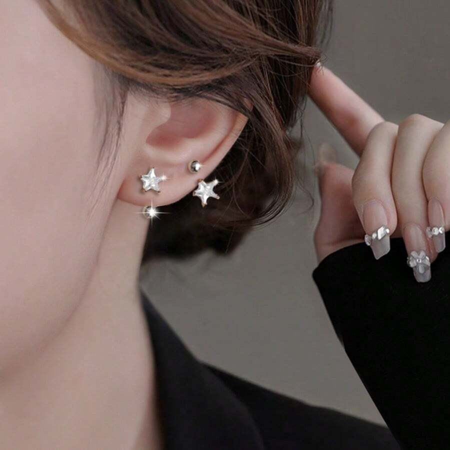 1 Pair Pentagram Cubic Zirconia Stainless Steel C-Shape Ear Studs, Daily Wear & Gift Idea For Women