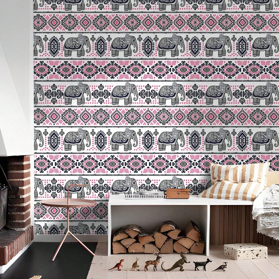 1 Rolle Selbstklebende Tapete im Boho-Stil - Rot-Schwarzes Elefantenmuster, wasserfest, Abzieh- und Aufklebe-Option, ablösbarer Wandaufkleber, Größe 44cm*3m/5m/10m, geeignet für Wohnzimmer, Schlafzimmer, Esszimmer, Flur, Heimdekoration, Schrank, Bücherregal, Möbelerneuerung, einfache DIY Transformation, leicht zuzuschneiden, künstlerische Wandgestaltung