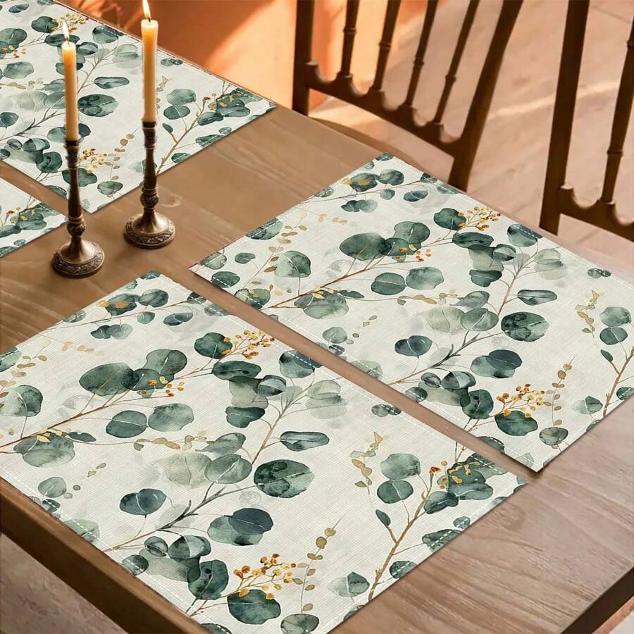 1 juego/1 pieza/4 piezas/6 piezas Manteles individuales con hojas, manteles individuales de plantas acuareladas estacionales de eucalipto, manteles individuales de poliéster lavables a máquina, protección para la mesa, resistente al calor, fácil de limpiar, decoración de mesa, decoración del hogar, disposición de fiestas, protección del escritorio, pueden usarse como regalos, 12x18 pulgadas