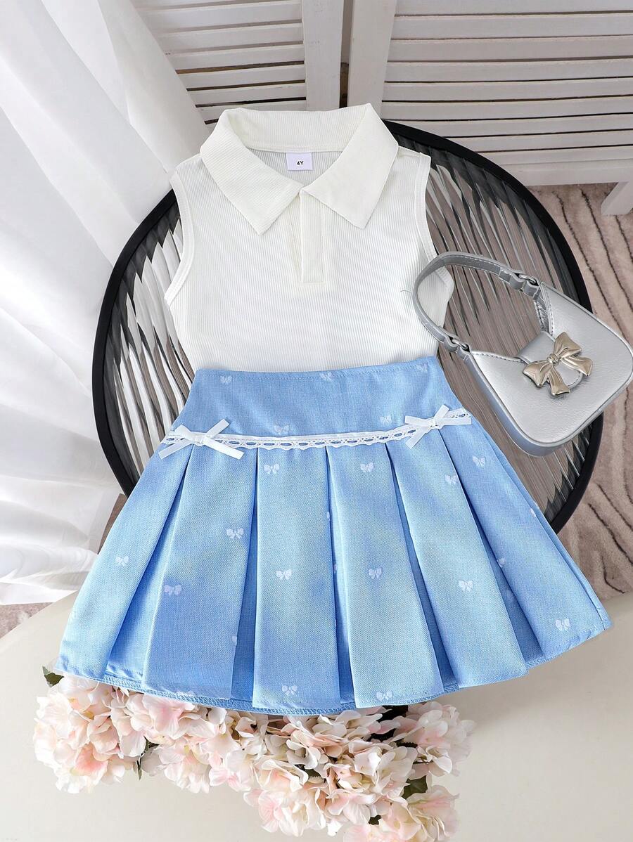 2pcs/Set Young Girl Fashionable Sleeveless Collar Top & Pleated Lace Trim Skirt Set, Summer