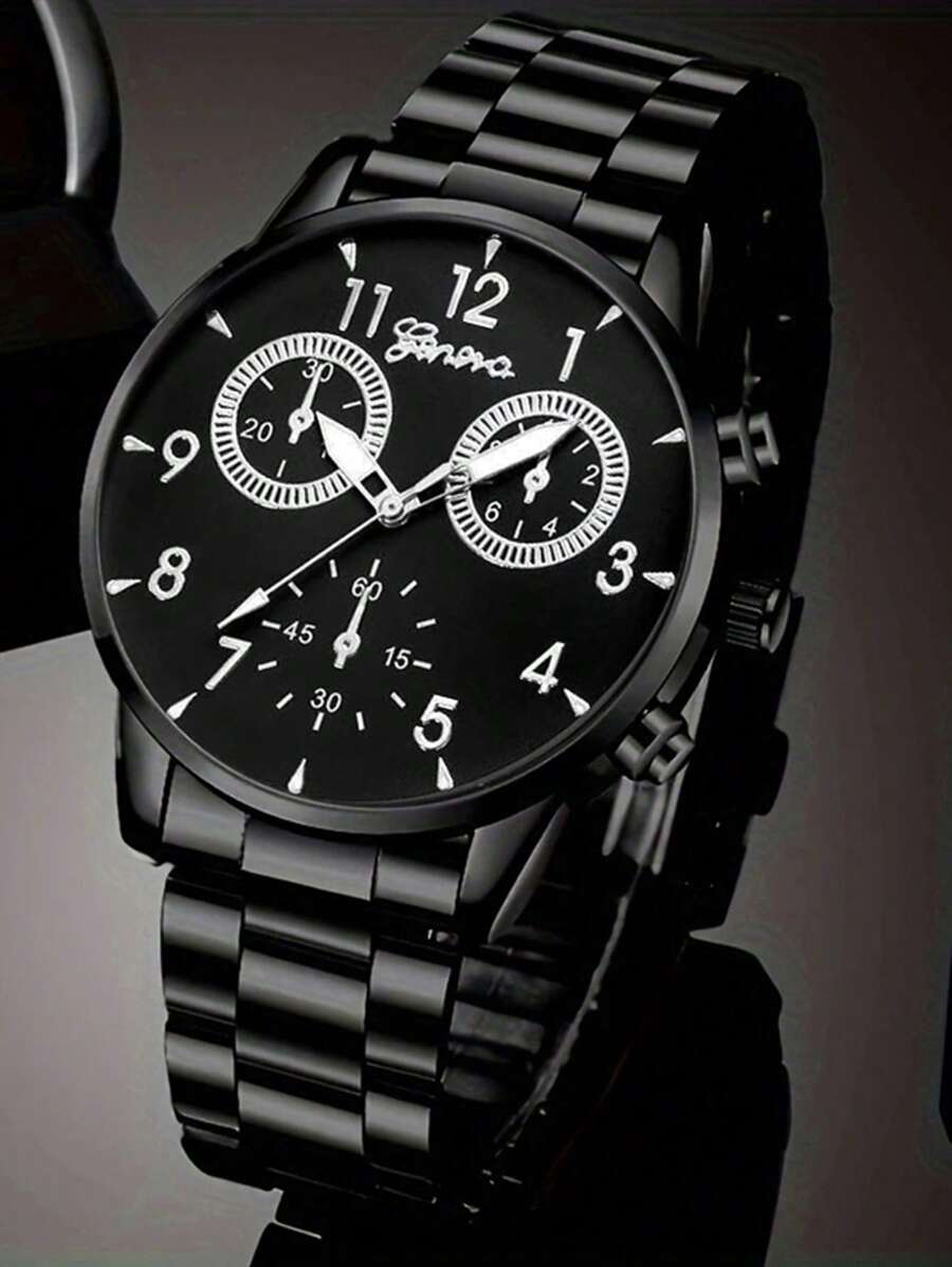Conjunto de 4 relógios de pulso de quartzo masculinos da moda - colar com pingente estilo empresarial, pulseira, anel, relógio de aço inoxidável com visor analógico preciso, durável e confortável para uso casual e esportivo - presente ideal para ele