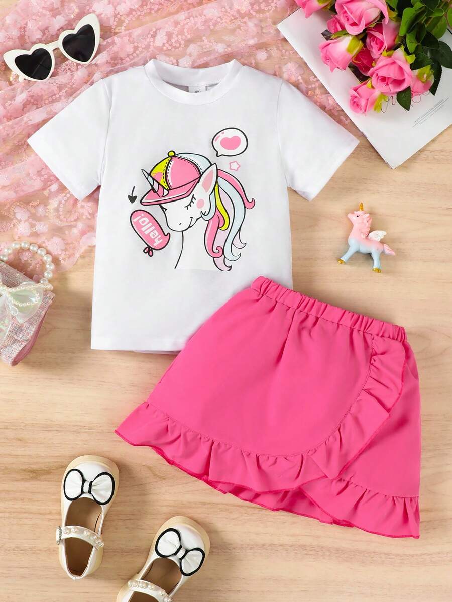 Conjunto de 2 piezas con camiseta gráfica de dibujos animados y falda de dobladillo asimétrico, estilo de verano para niñas de 4 a 7 años, uso diario
