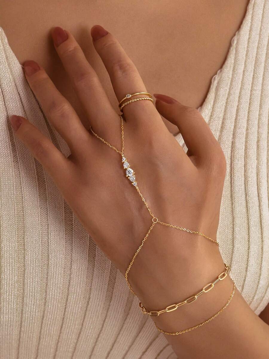 1 pièce Bracelet chaîne de doigt en argent sterling 925 de couleur or avec strass, bijoux hypoallergéniques à faible teneur en alliage, bracelet anneau brillant convenant aux femmes pour les fêtes et le quotidien