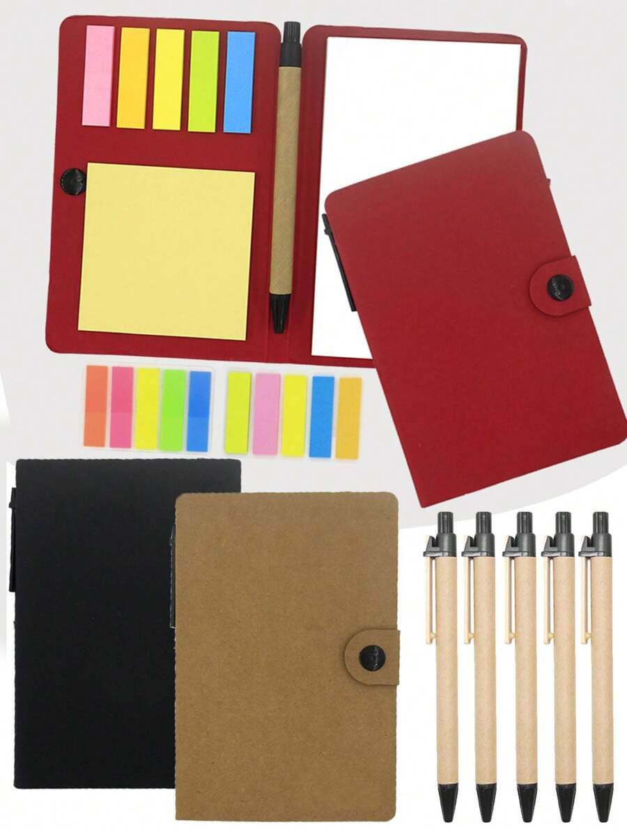 2 pièces/Set Cadeau de rentrée scolaire - Carnet en kraft + Notes adhésives colorées + Stylo combiné, Articles de papeterie portables pour bureau et étudiants, Carnet de rendez-vous, Boîte-cadeau de papeterie pratique