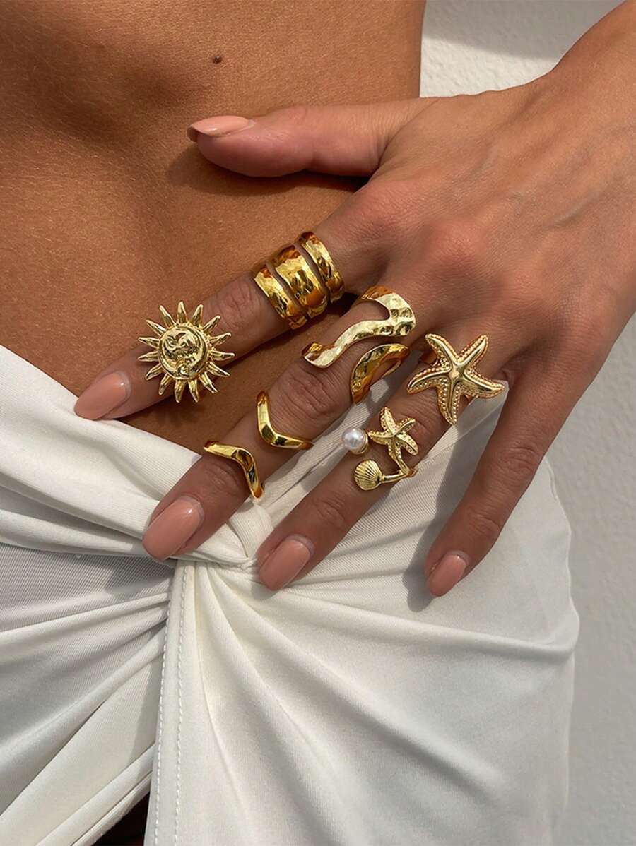 6pcs/Set Bohemian Style Starfish & Hollow Sun Flower Geometric Ring Set, Suitable For Beach And Daily Wear