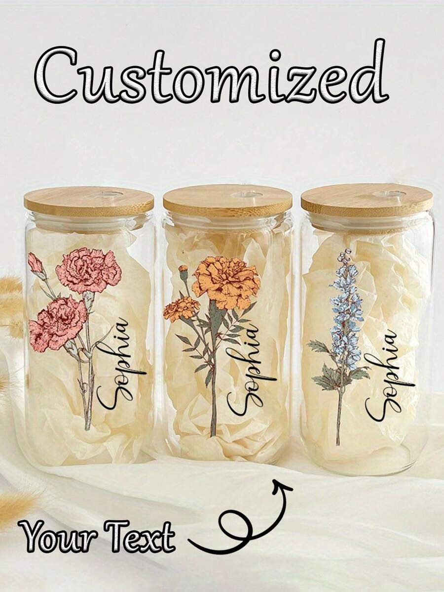 1 Stück personalisierter Glas-Becher mit Deckel & Strohhalm - individuelle Eiskaffe-Tasse, Bierglas oder Trinkbehälter mit Blumendesign (rosa Rosen & gelbe Narzissen) - perfekt als Geschenk zu Geburtstagen, Feiertagen, Bridal-Shower, Weihnachten & Partys für Familie und Freunde, Glas-Accessoires
